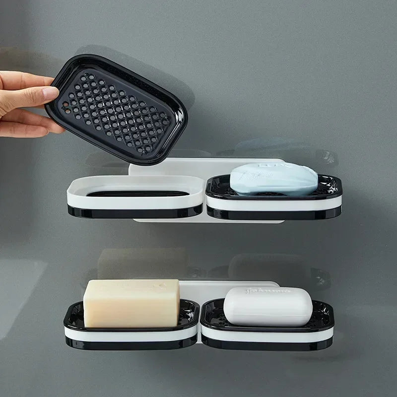 Wall Mounted Double Layer Soap Dish Punch-Free Drawer Draining Holder Kitchen Sponge Storage Box Bathroom Organizer Rack Shelves