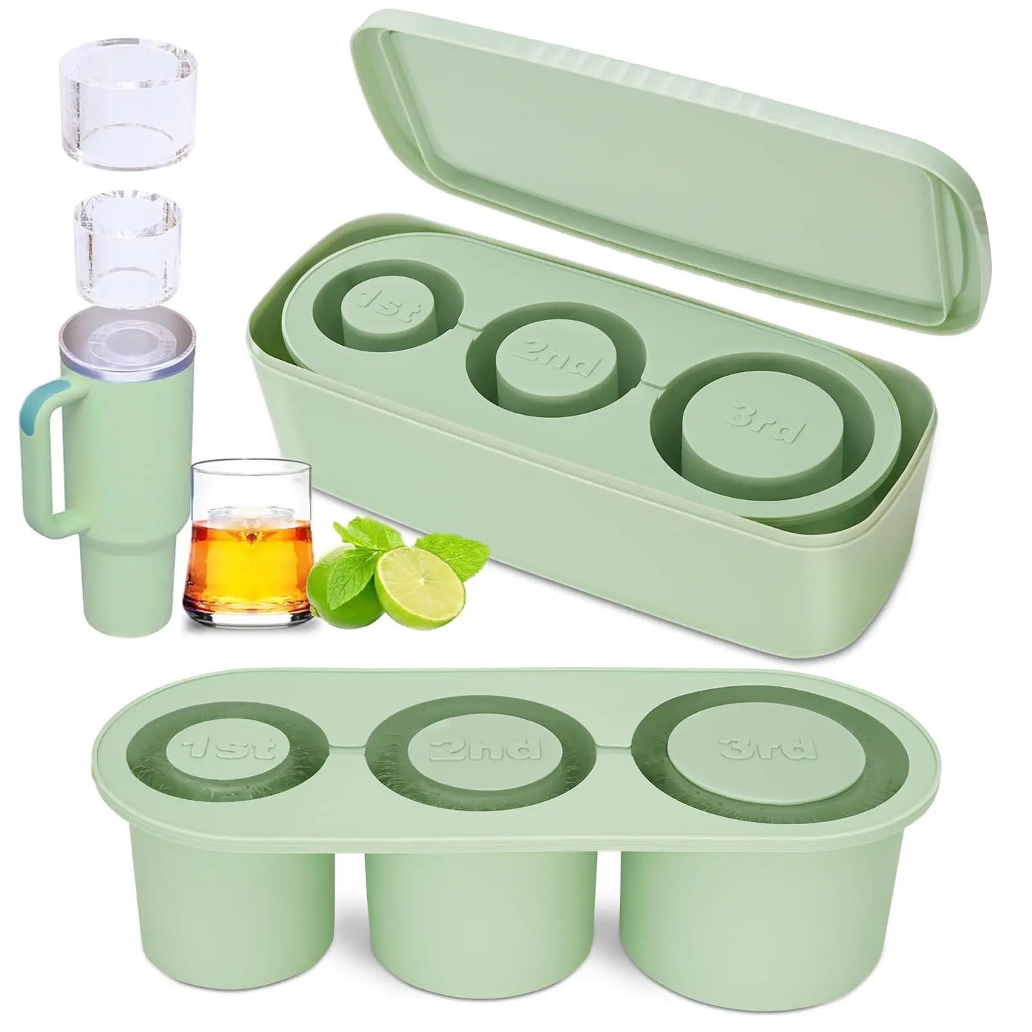 Ice Cube Tray Maker for Stanley Tumbler Cup, Silicone Ice Cube Molds with Lid and Bin for Chilling Cocktails, Whiskey, Drinks