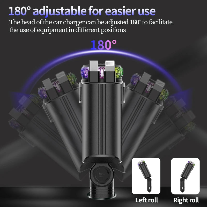 5-In-1 PD45W Car Fast Charger USB Type-C Power Adapter Retractable Phone Charger with Roof Starlight Aromatherapy for IOS Androi