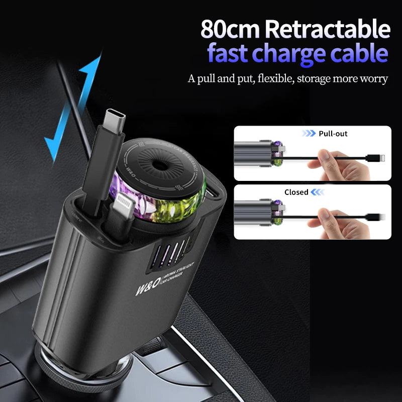 5-In-1 PD45W Car Fast Charger USB Type-C Power Adapter Retractable Phone Charger with Roof Starlight Aromatherapy for IOS Androi