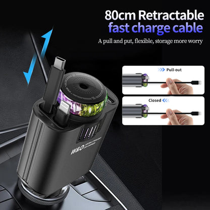 5-In-1 PD45W Car Fast Charger USB Type-C Power Adapter Retractable Phone Charger with Roof Starlight Aromatherapy for IOS Androi